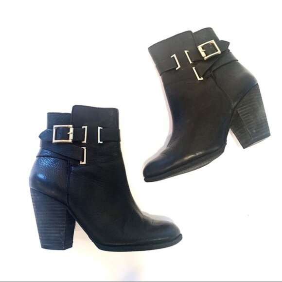 Vince Camuto Harriet Black Leather Boot Zip Buckle - Picture 1 of 8